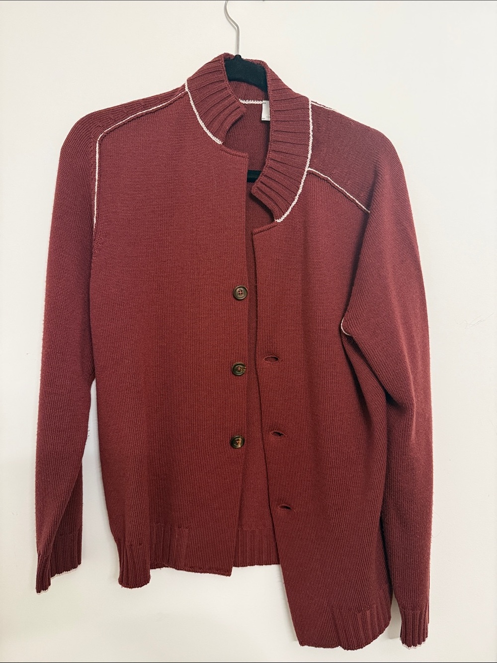 Eleventy Brick Red Contrast-Stitch Button Cardigan